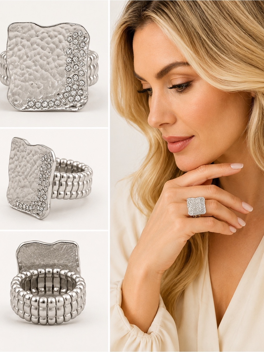 Silver Hammered Crystal Statement Stretch Ring